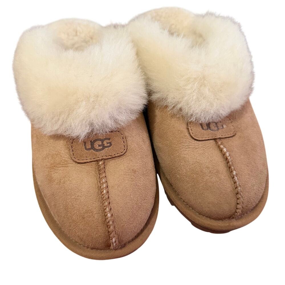 Tan Plush Ugg Suede slip on slippers house shoes comfy soft sz 8 warm cozy